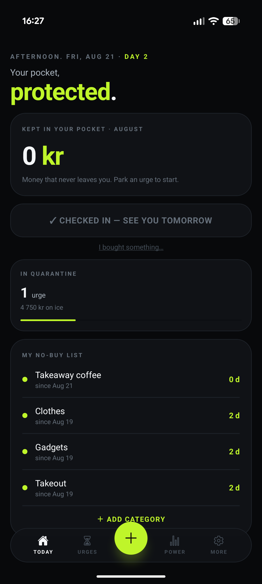 NoBuy Today screen