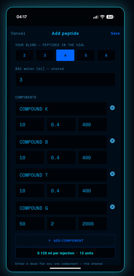 Pep Tracker blend entry showing auto-filled component doses