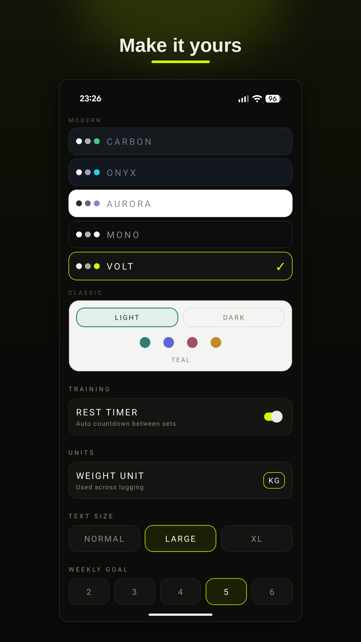 Body Workout settings view