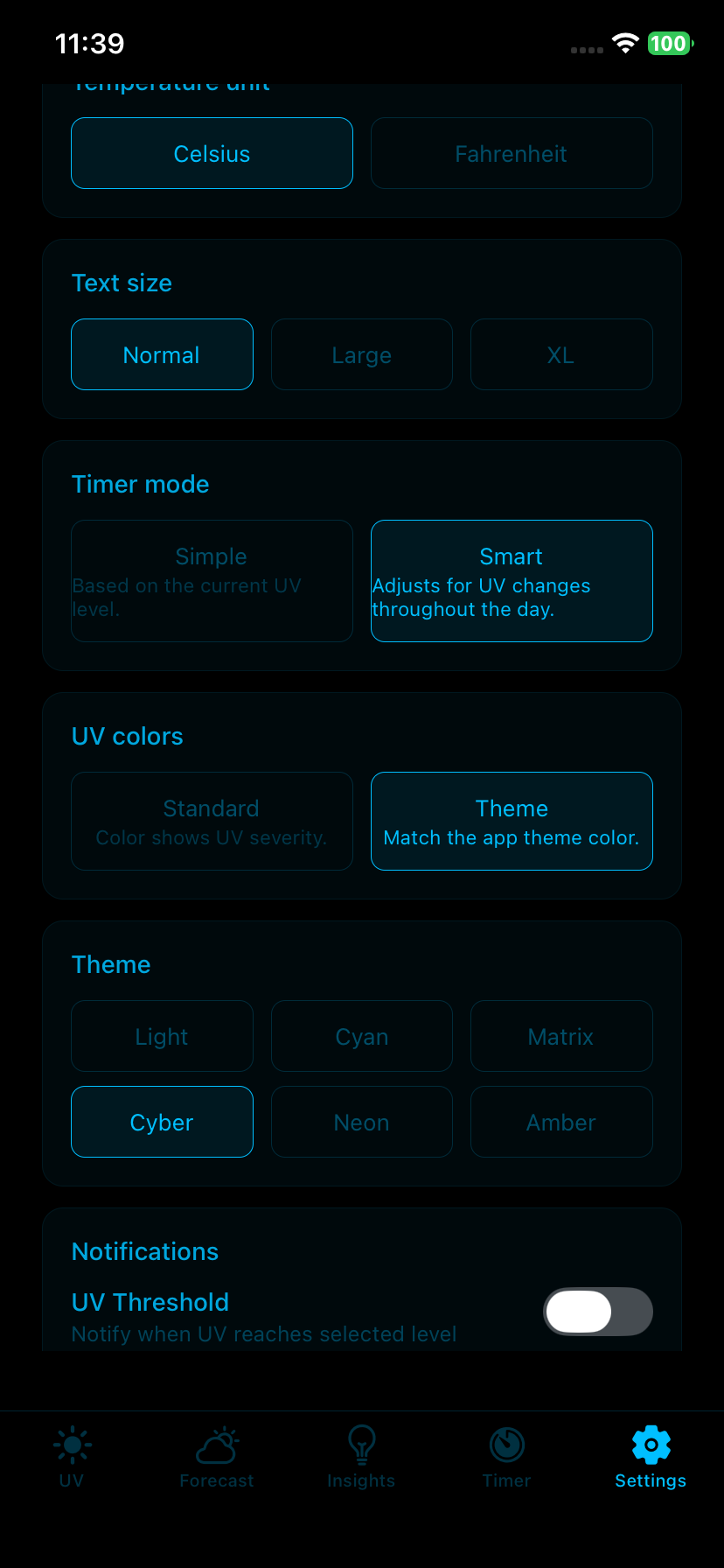 UV Index Settings view in CYBER theme