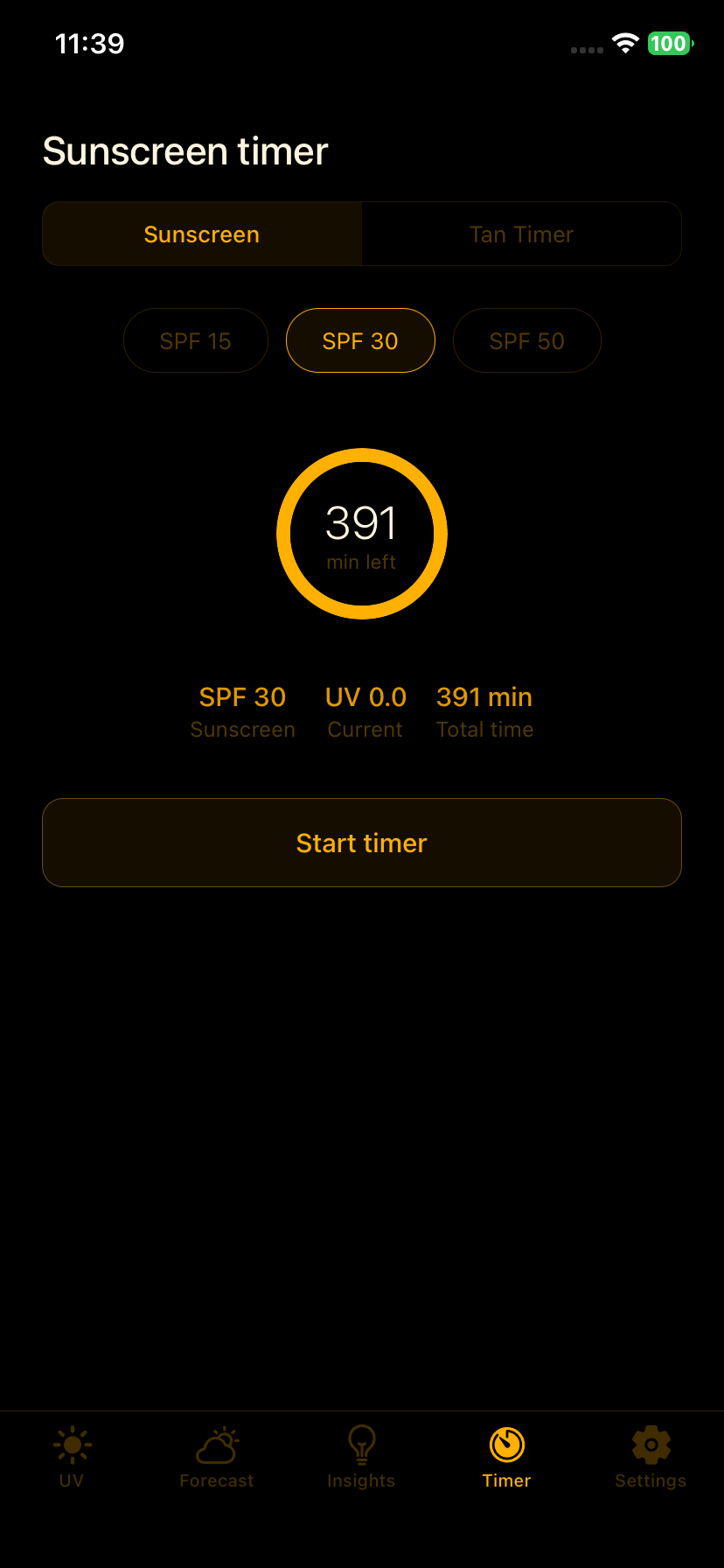 UV Index Timer view in AMBER theme